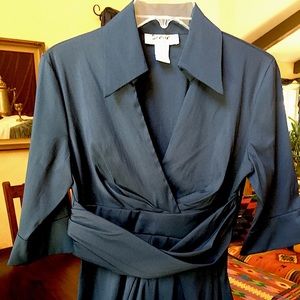 Slate blue dress with cumberbund and 3/4 sleeves